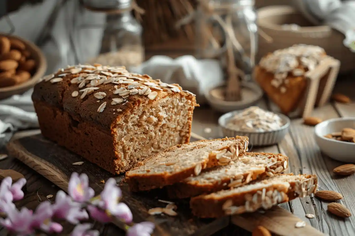 bizcocho de avena y almendra bizcocho de avena y almendra recién hecho sobre mesa rústica