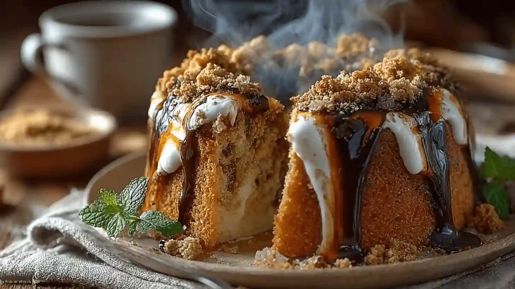 Bizcocho relleno helado de turrón sobre mesa rústica