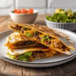 Quesadilla de hamburguesa casera: crujiente, sabrosa y rápida 2 Quesadilla de hamburguesa servida y crujiente