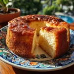 Bizcocho de yogur casero esponjoso en plato decorado