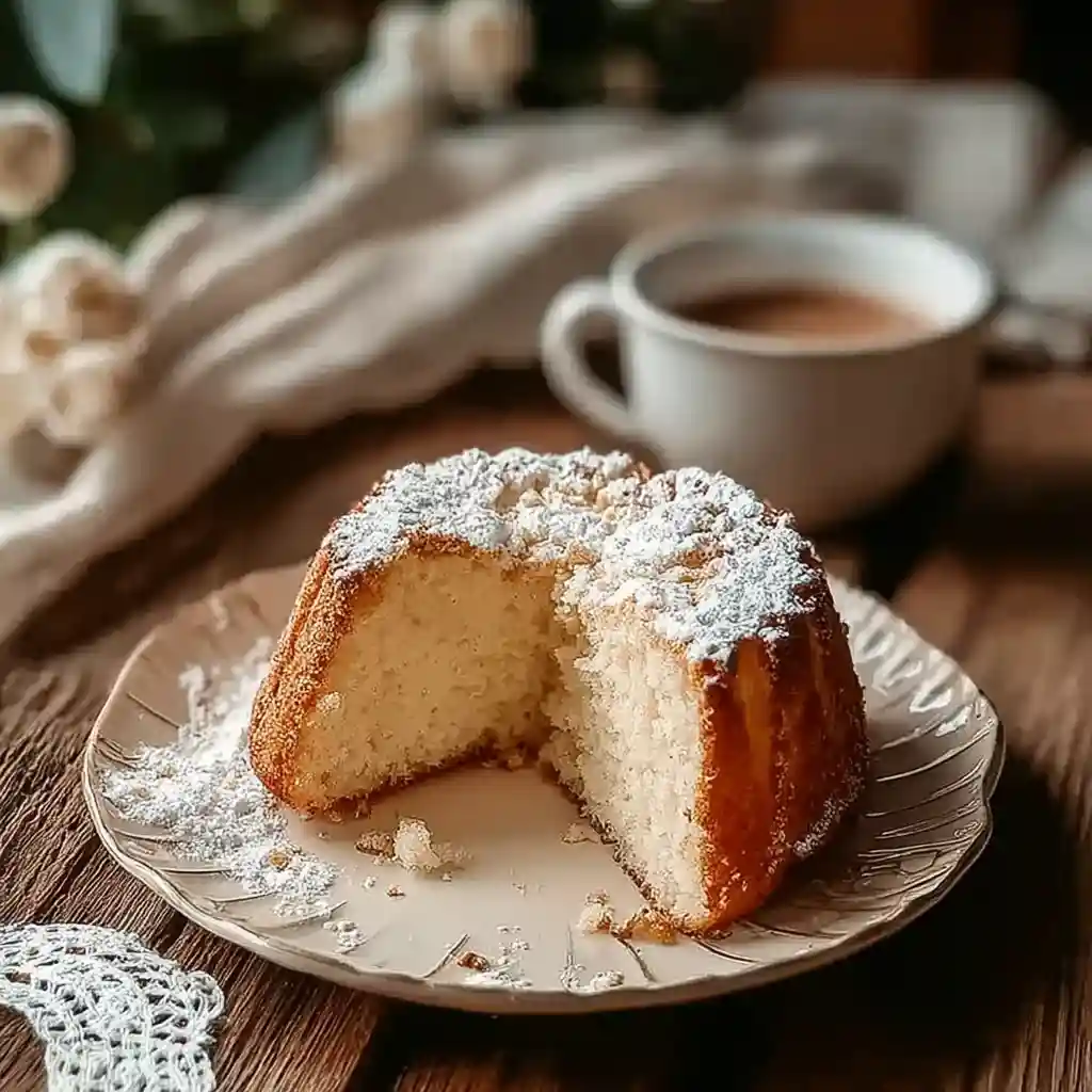 Bizcocho de yogur casero esponjoso con azúcar glas y café
