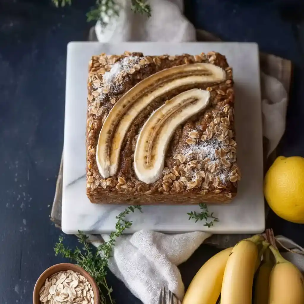 Bizcocho de avena, plátano y yogur casero decorado con copos de avena y rodajas de plátano