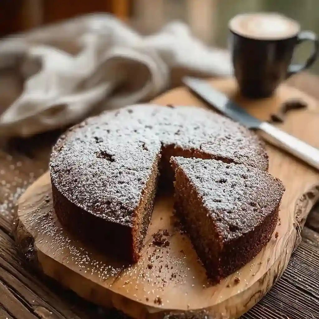 Bizcocho de chocolate y yogur casero, esponjoso y cubierto con azúcar glas