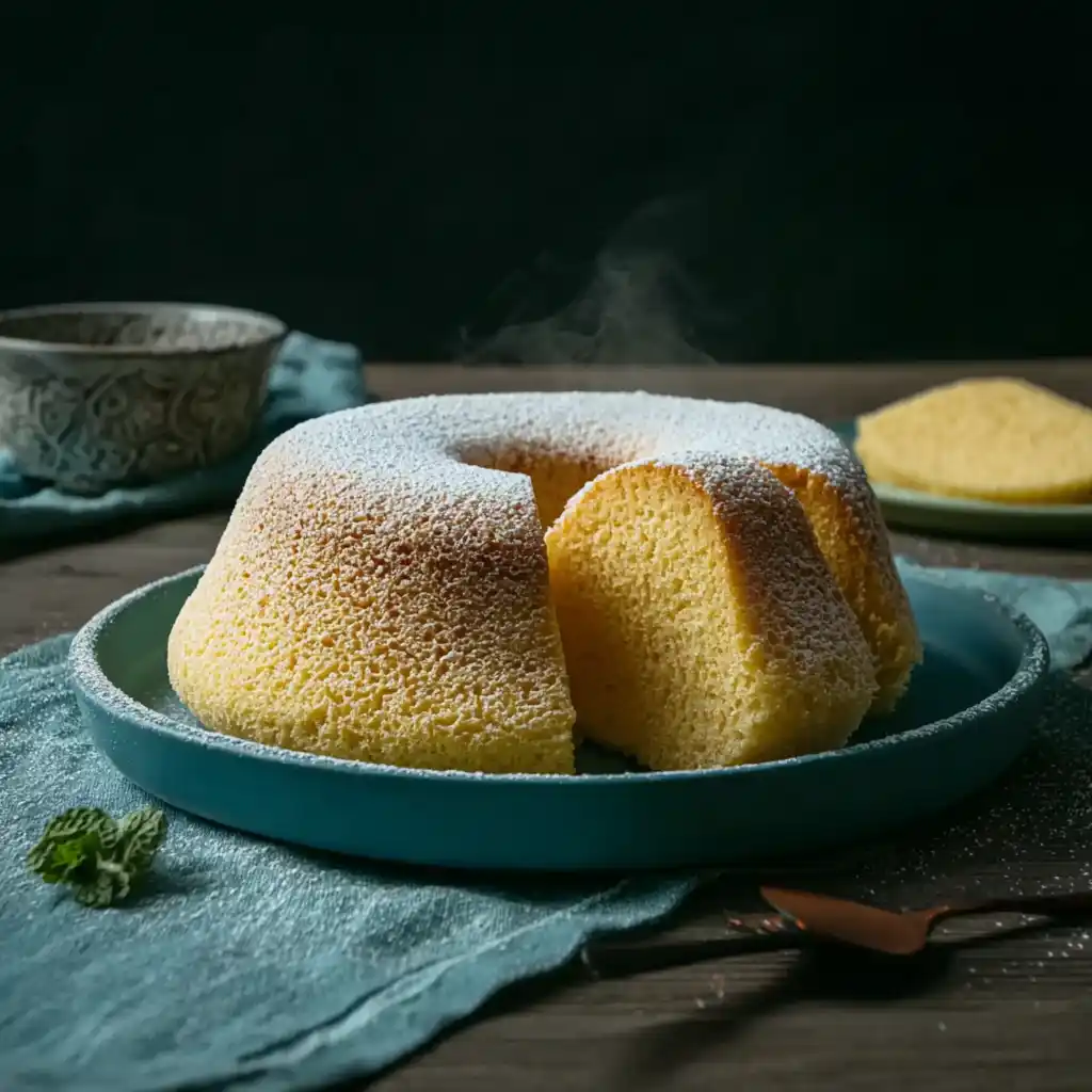 Bizcocho de yogur al microondas casero, esponjoso y cubierto con azúcar glas