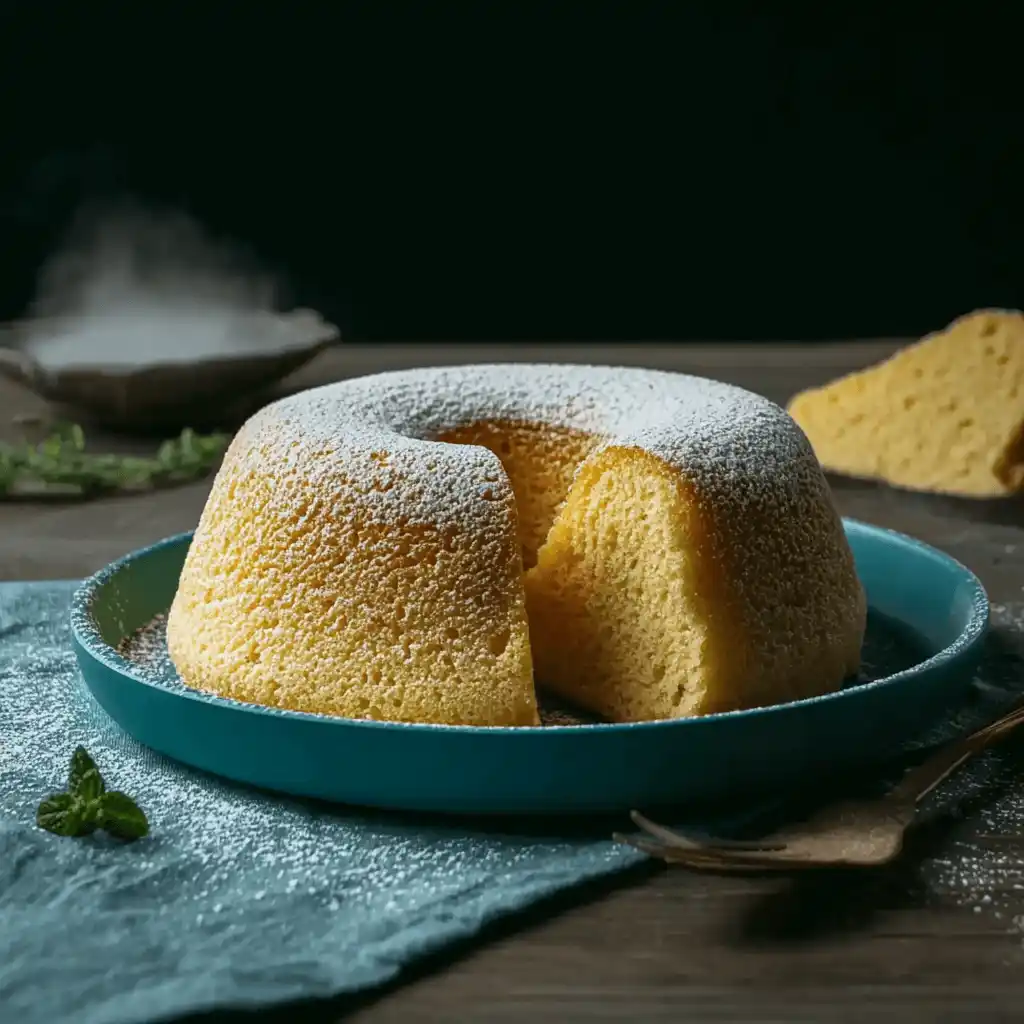 Bizcocho de yogur al microondas sobre mesa rústica