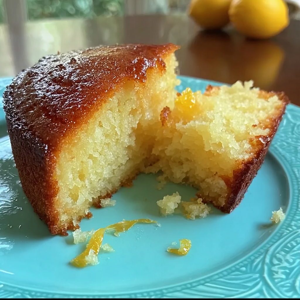 Bizcocho de yogur de limón casero esponjoso y jugoso en plato azul