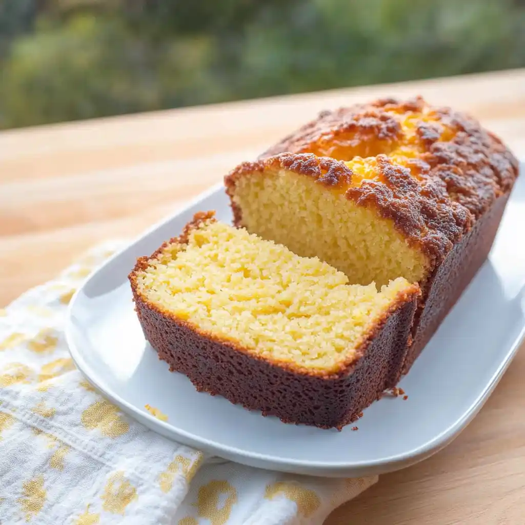 Bizcocho de yogur y naranja casero, esponjoso y dorado en molde rectangular