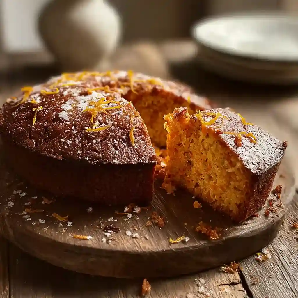 Bizcocho de zanahoria y yogur casero, esponjoso y decorado con ralladura de naranja