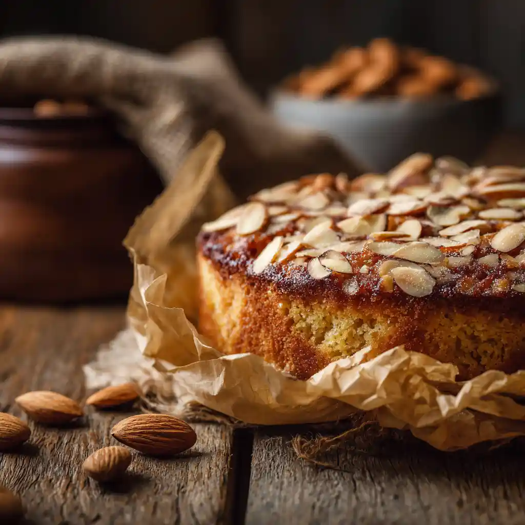 bizcocho de almendras Thermomix en mesa rústica