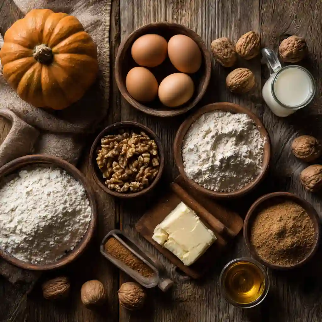 Ingredientes para bizcocho especiado con calabaza y nueces