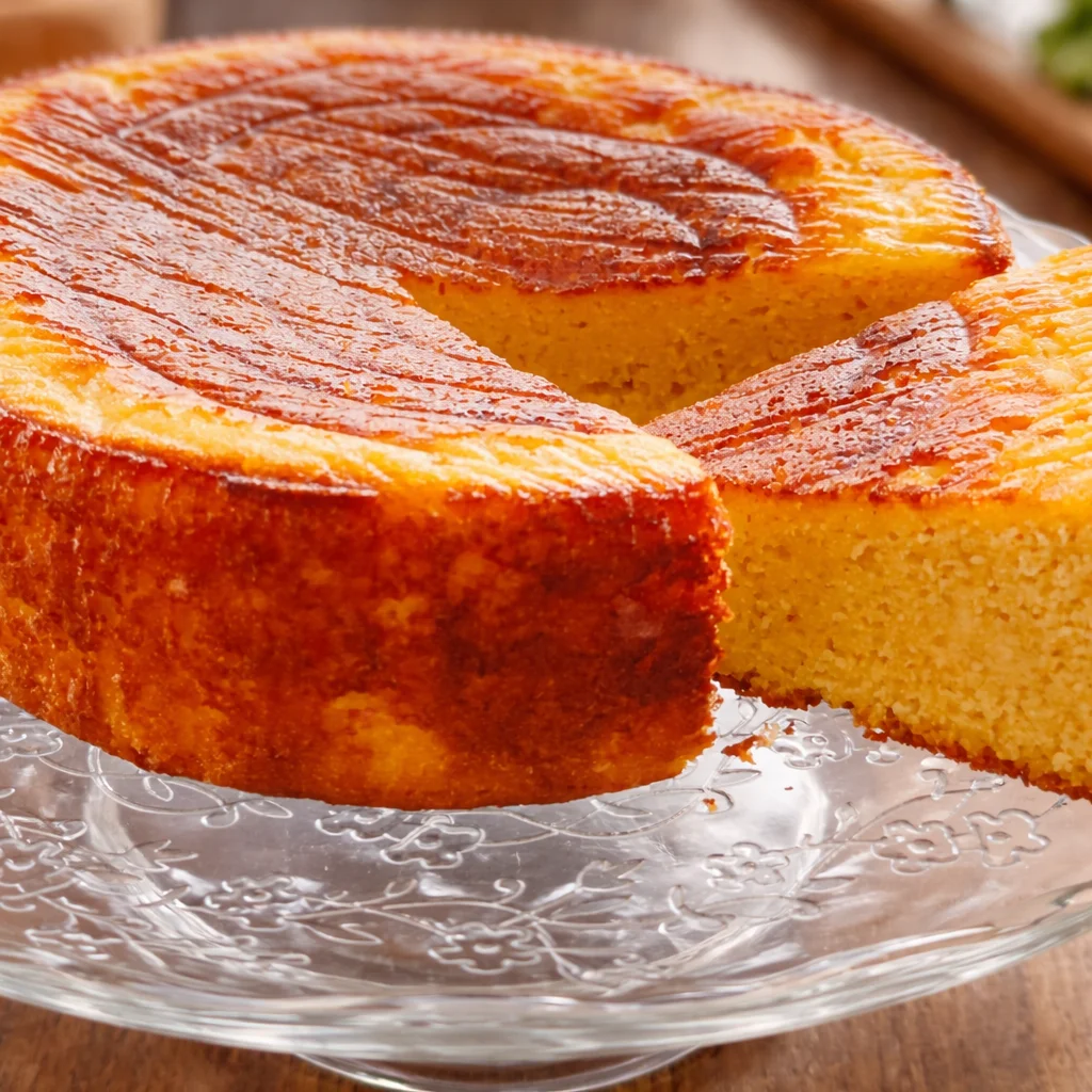 Inicio 1 Bizcocho de almendra y naranja recién horneado, decorado con naranjas confitadas.