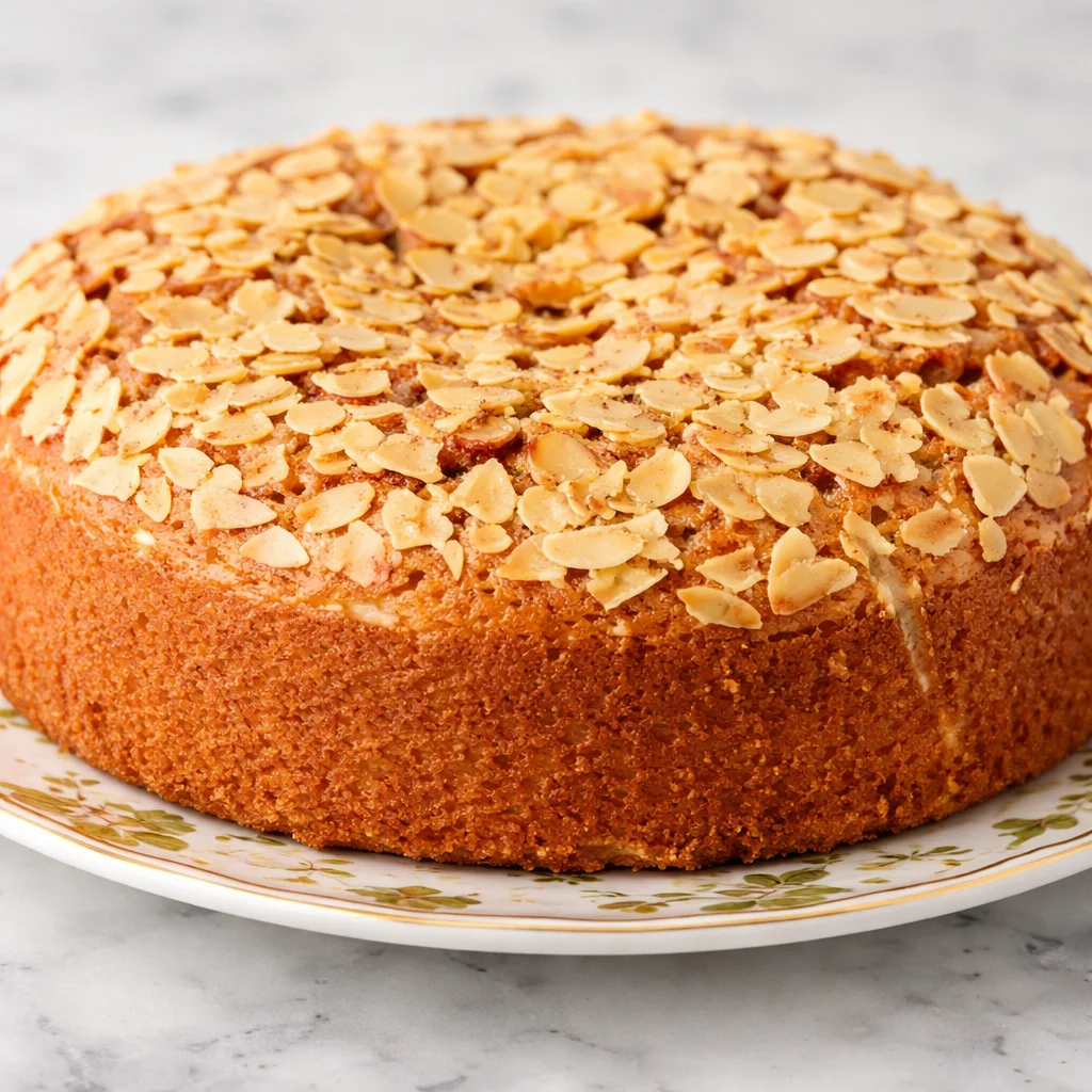 Inicio 1 Bizcocho de almendras decorado con almendras laminadas y azúcar glaseado.