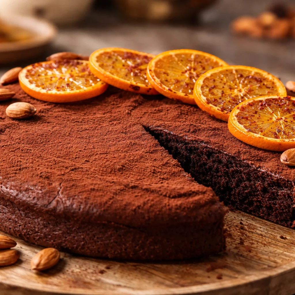 Bizcocho de almendras y chocolate, húmedo y delicioso, ideal para postres.